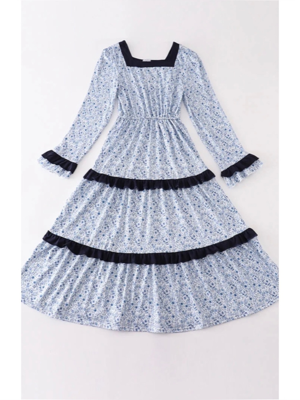 Abby & Evie Ditsy Floral Print Tiered Mom Ruffle Midi Dress Cottagecore